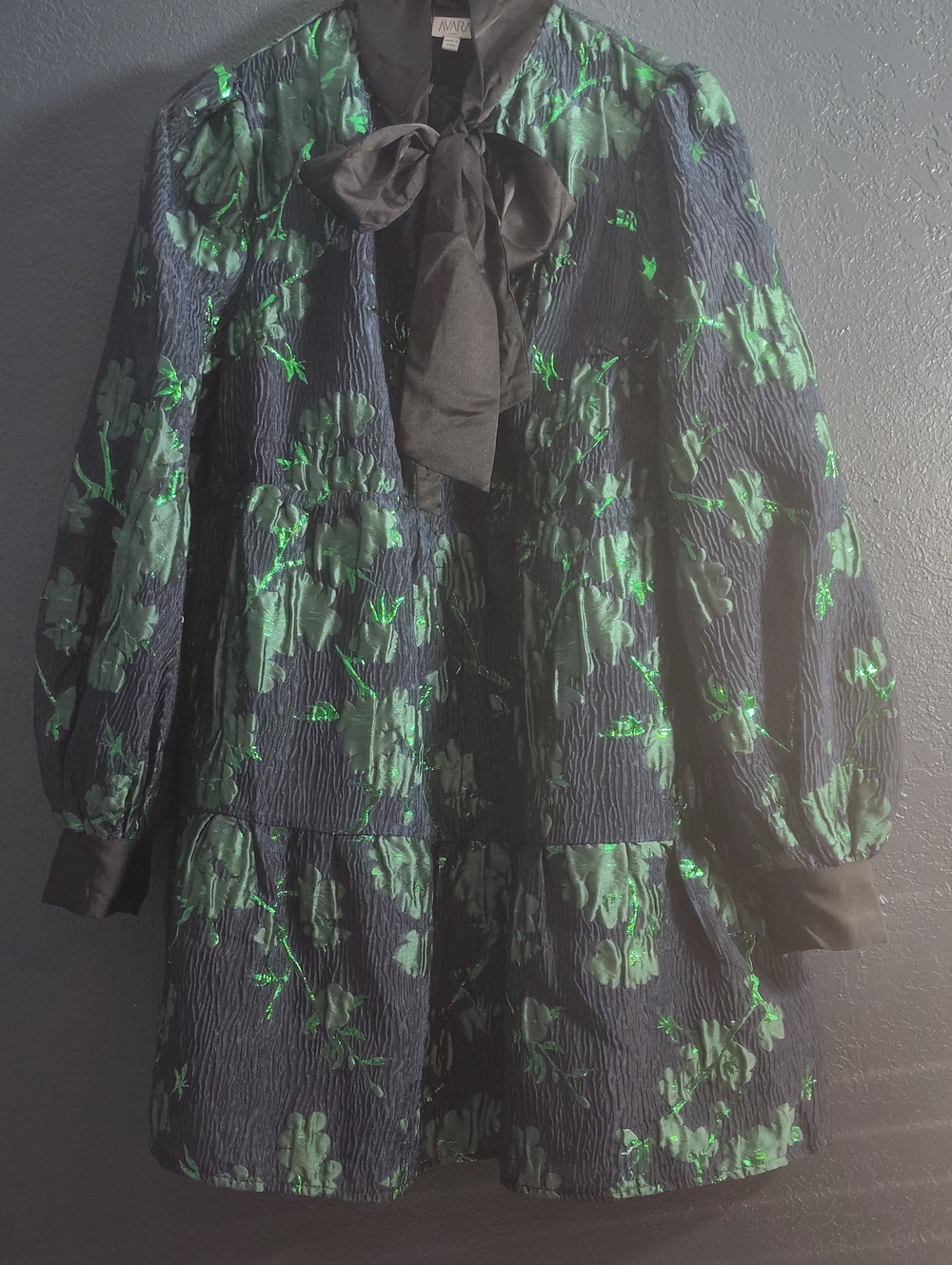 Avara Vivienne Emerald Green Black Floral Tiered babydoll Bow Mini dress NWOT S
